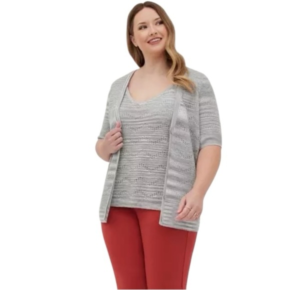 Torrid Pointelle Cardigan V-Neck Short Sleeve Oatmeal Button Sweater Cardigan 3X - Picture 2 of 15